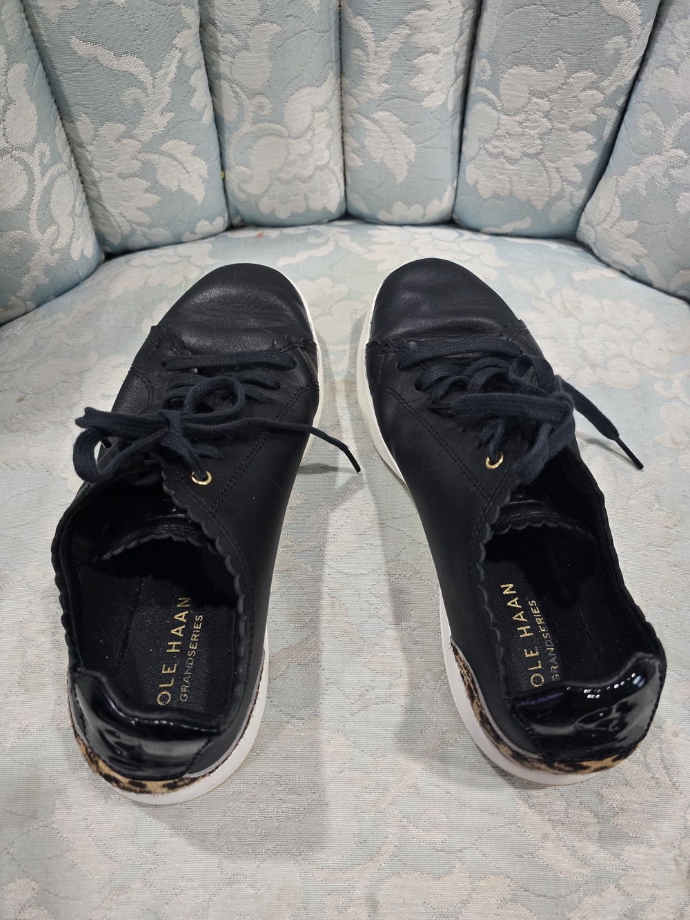 Cole Haan Black Leather Lace-Up Scalloped Sneakers with Leopard Heel Accent 8B